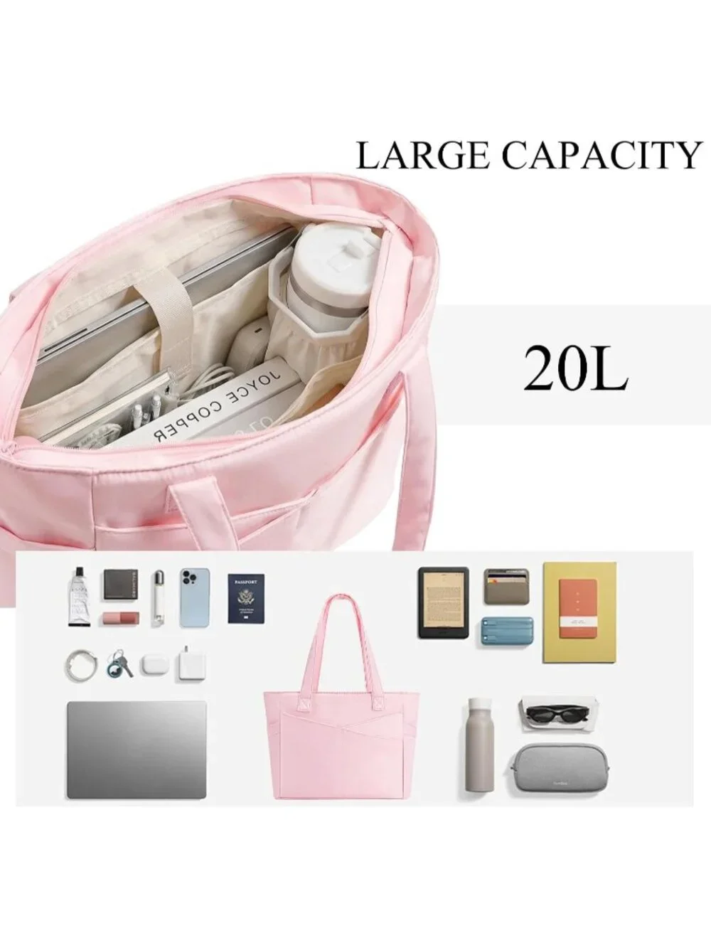 👜Women's Pink Nylon Large Tote Bag With Zipper 15.6 Laptop Sleeve Work Bag